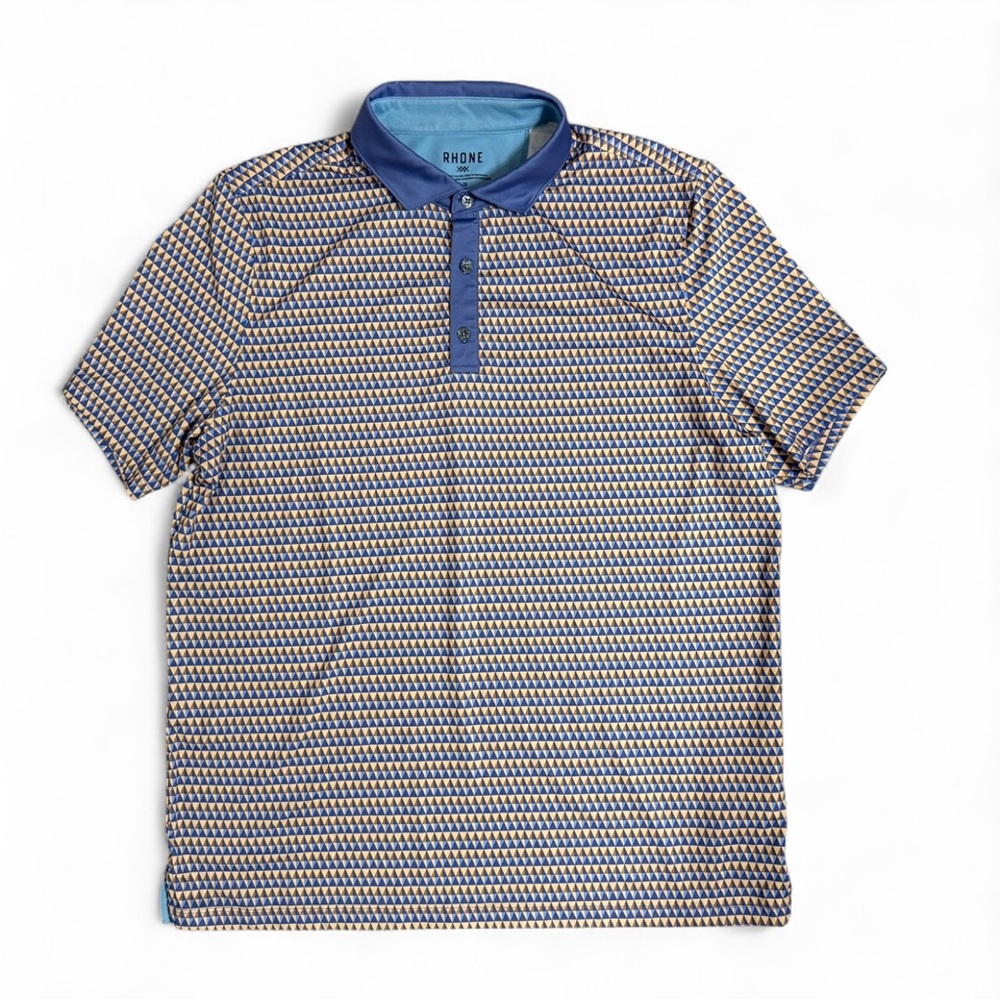 Rhone Polo Shirt Mens Medium Blue Navy Geometric Golf Performance Stretch Tech